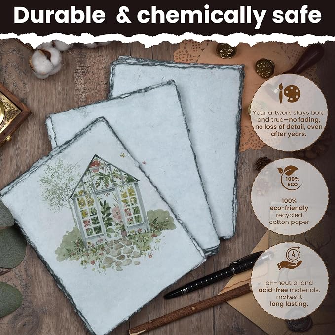 LEATHER VILLAGE Grey Deckled Edge Handmade Watercolor Paper 4x6 | 50 Sheets of - Image 4