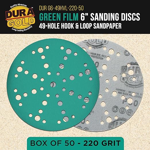 Dura-Gold Premium 220 Grit 6" Green Film Sanding Discs, 49-Hole Pattern, Box of 50 - Heavy-Duty Dustless Hook & Loop Backing Sandpaper for DA & Random Orbital Sanders, Sand Auto Paint, Wood Furniture