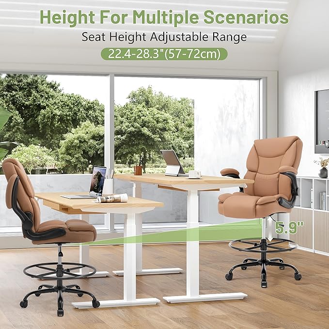 500LBS Drafting Chair, High Back Safer Standing Desk Chair, Executive Tall Office Chair with Flip-up Armrests, Upholstered PU Leather Task Chair, Ergonomic Seat with Adjustable Height&Foot Ring, Brown