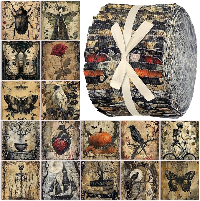 Hosuly 40 Pcs Vintage Halloween Fabric Gothic Fabric Skeleton Crow Butterfly by Hosuly
