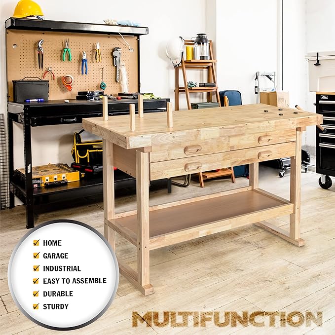 Olympia Tools 60-Inch Rubber Hardwood Workbench with 4-Drawers - 450lbs Weight Capacity Heavy Duty Portable Wood Work Bench Table for Garage, Workshop, Home Storage - Woodworking Wooden Workbenches