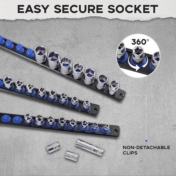 1/2-Inch Drive Magnetic Socket Organizer, Heavy Duty Aluminum Socket Rail Organizer, 360° Swivel Clips Socket Holder Kit for Tool Box, 1/2-Inch Socket Holder x 12 Clips (Blue)