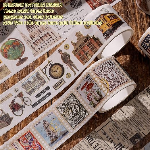 24 Rolls Vintage Washi Tape Set, Antique Car Buildings Map Stamp Stripe - Image 5