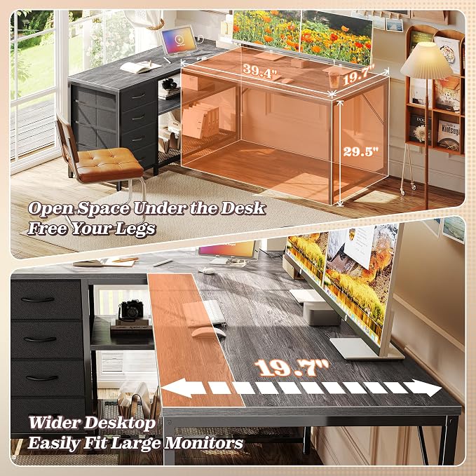 PRAISUN 53" L Shaped Desk with Power Outlets & USB-C Port, Reversible Computer - Image 6