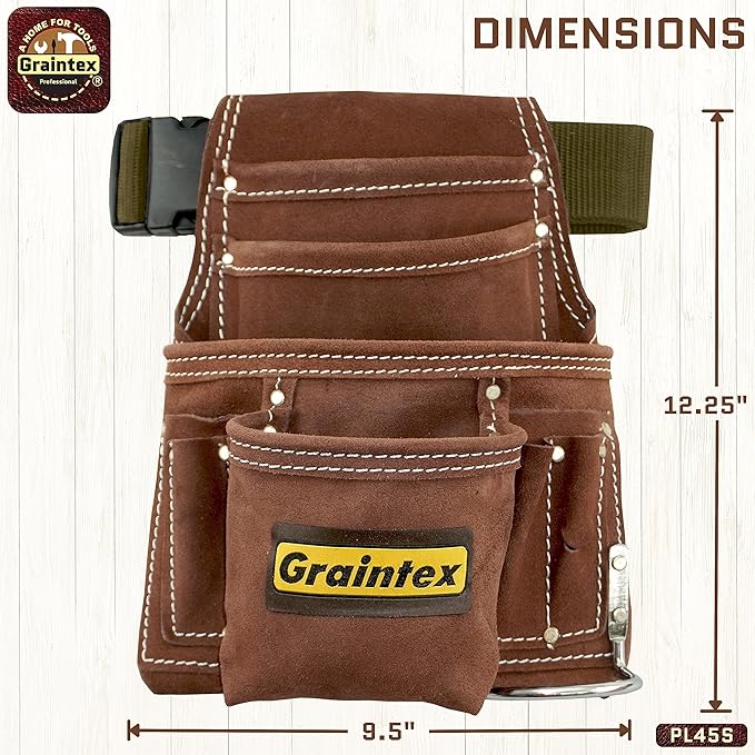 Graintex PL45S 10 Pocket Nail and Tool Pouch Suede Leather with 2" Webbing Belt