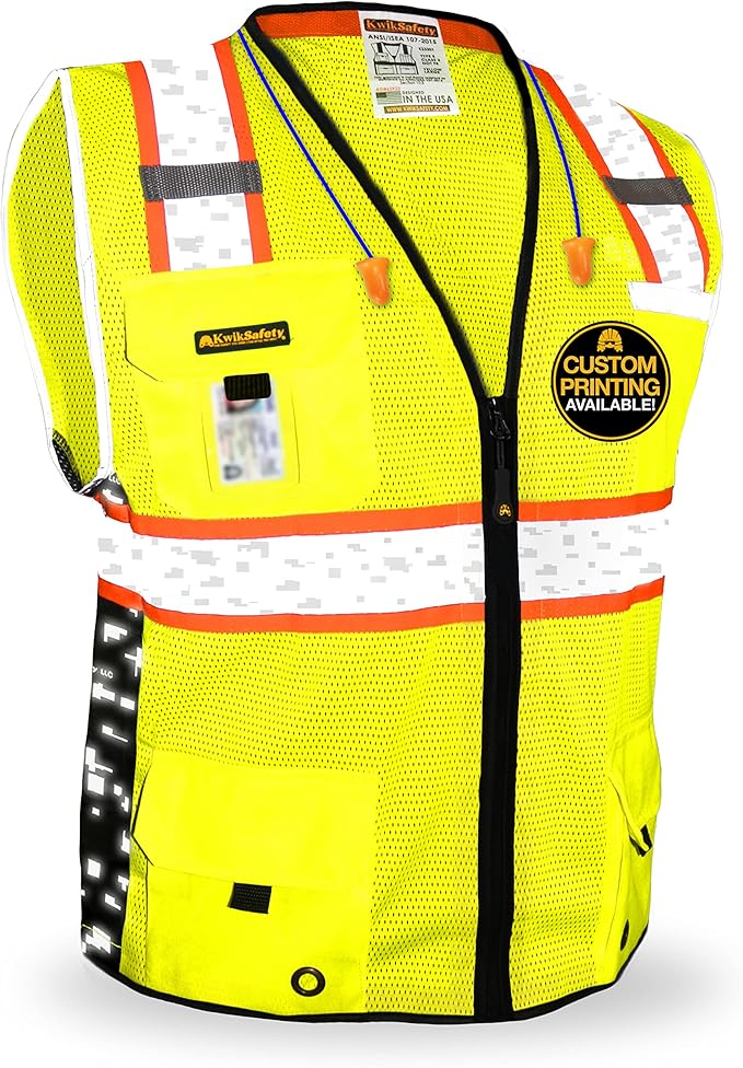 KwikSafety - BIG KAHUNA DIGITAL Safety Vest [LIMITED EDITION] Class 2 ANSI OSHA Reflective Vest Durable High Visibility Vest Construction Safety Vest for Men Industrial Work Gear/Yellow Large