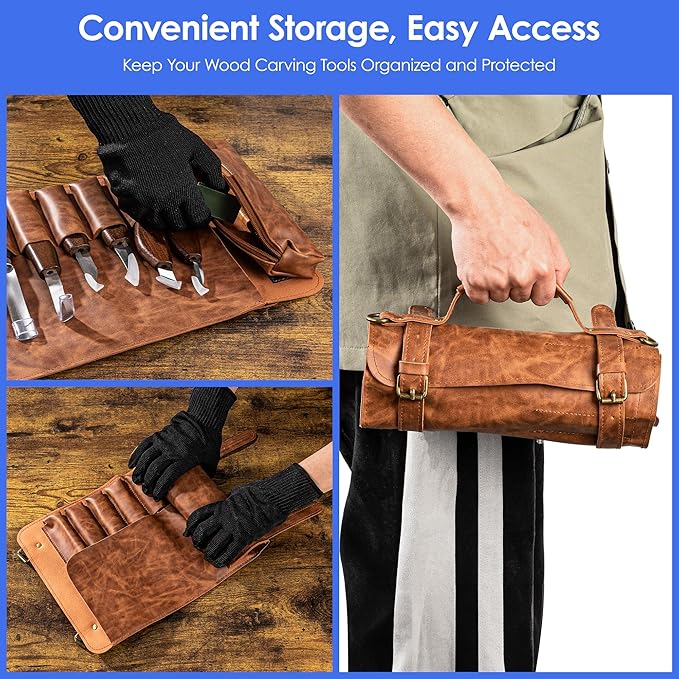RexTact 25 PCS Wood Carving Kit,Woodworking Tools,Wood Carving Knives with Leather Storage Bag,Whittling Kit,Wood Art Tools 11 Whittling Knives & 5 Detail Carving Knives for Beginner&Professional
