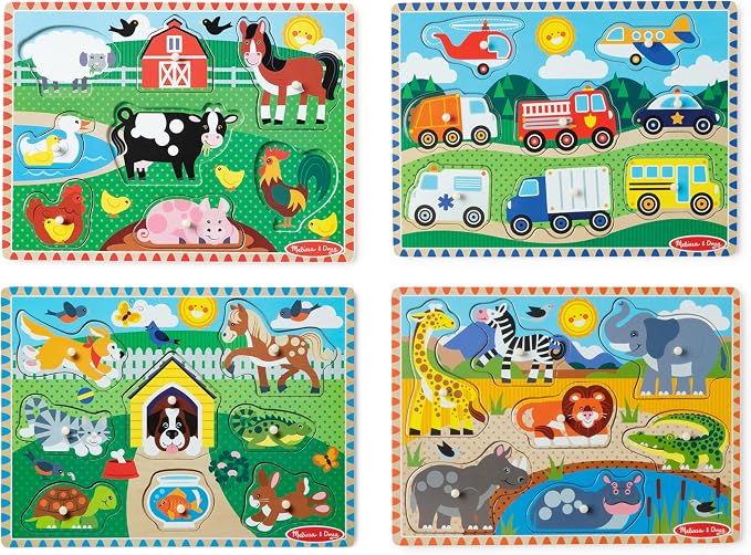 Melissa & Doug Wooden Peg Puzzle Set – 4-Pack Vehicle, Safari & Pet Animal by Unknown