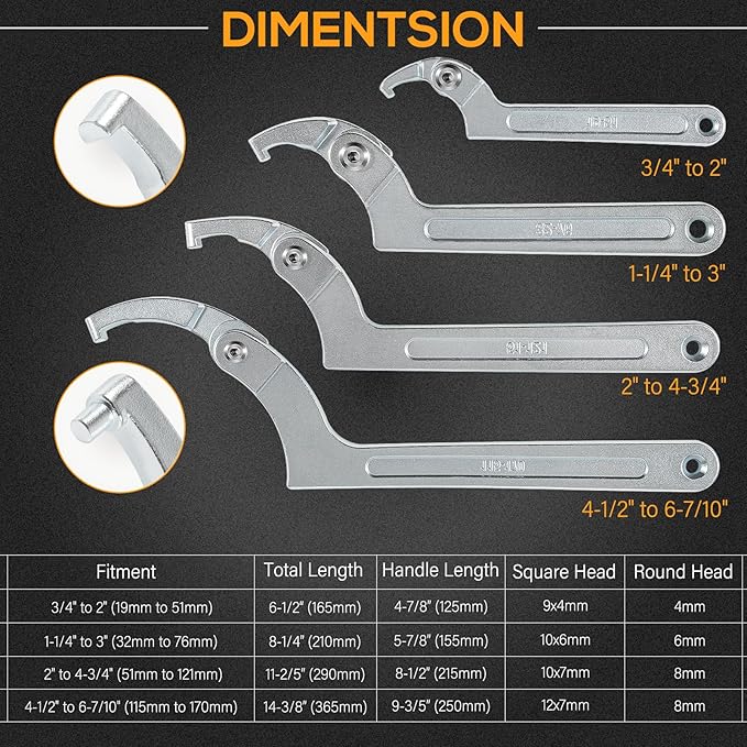 9PCS Adjustable Pin Spanner Wrench Set, 3/4" to 6-7/10", Coilover Hook Wrench Tools with Changeable Heads for Cars Suspension Collar, Nut Adjustment, Flange Bearings C-Shaped Spanner Nut Wrench Tool