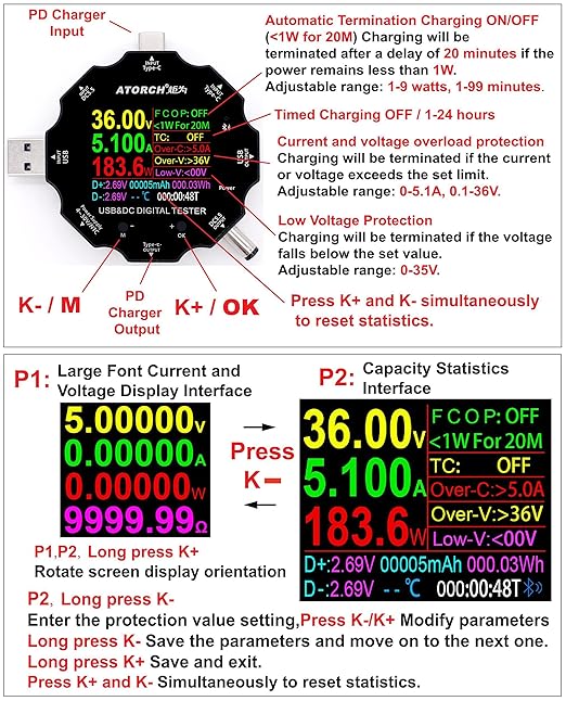 USB C Tester, 3 in 1 Type C DC5.5 USB Meter USB Load Color Screen IPS Digital Multimeter,Voltage,Current,Power,Resistance,Capacity Detector,with Clip Cable Support PD2.0/PD3.0,QC2.0/QC3.0
