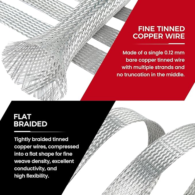 5/16" Wide Tinned Copper Braided Metal Wire Shielding Sleeve Ground Strap - Image 3