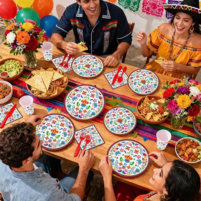 168Pcs Mexican Fiesta Party Decorations, Serves 24 | Mexican Floral Plates and - Image 7