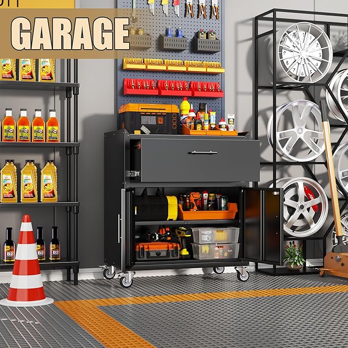 Metal Storage Cabinet, Locking Storage Cabinet with Drawer and Adjustable Shelf, Rolling Tool Cabinets for Garage, Office, Black, Assembly Required (18.4" D x 30.3" W x 35.4" H)