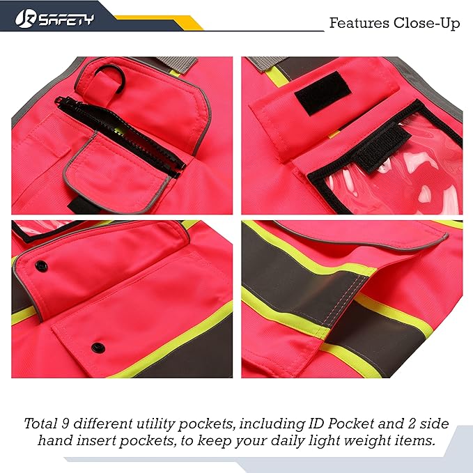 JKSafety 9 Pockets High Visibility Zipper Front Safety Vest | Pink with Dual Tone High Reflective Strips | Meets ANSI/ISEA Standards (901-Pink, XX-Large)