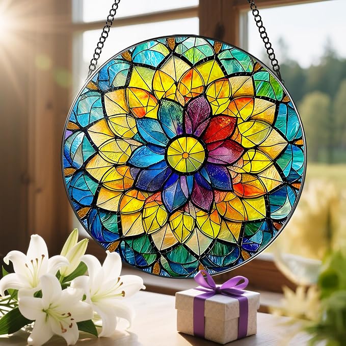 8'' Rainbow Mandala Sun Catcher Ornament, Stained Glass Window Hanging - Image 6