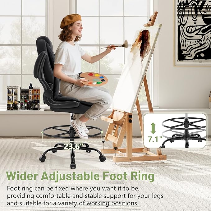 500LBS Drafting Chair, High Back Safer Standing Desk Chair, Executive Tall Office Chair with Flip-up Armrests, Upholstered PU Leather Task Chair, Ergonomic Seat with Adjustable Height&Foot Ring, Black