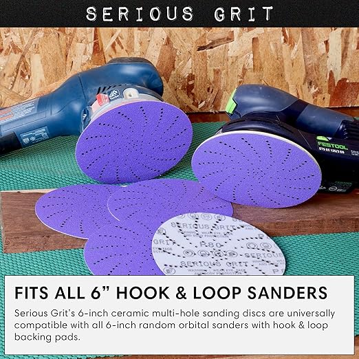 6-Inch 60 Grit Ceramic Multi-Hole Hook & Loop Sanding Discs - Advanced Grain for Fast Cutting & Long Life - Film-Backed Universal Fit Sandpaper for 6-in Sanders - 25 Pack Box
