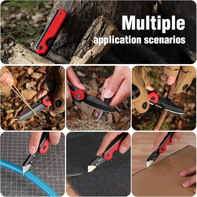 WORKPRO 2-in-1 Folding Knife/Utility Knife, Quick-Change Box Cutter with Belt Clip, Liner Lock, and G10 Handle, Extra 10 SK5 Blades Included, Red