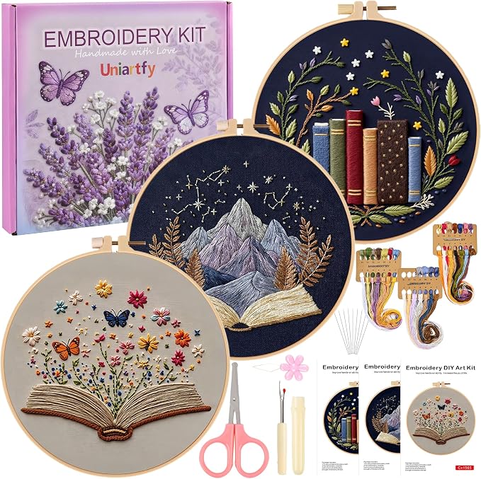 Uniartfy 3 Pack Embroidery Starter Kit, Stamped Book Flower Mountain Butterfly by Uniartfy