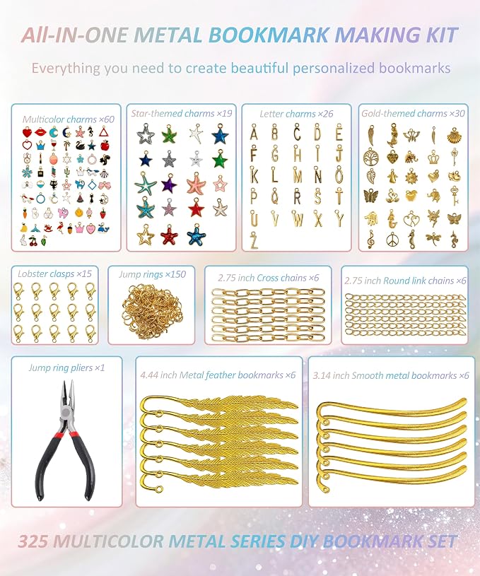 325 Pcs DIY Metal Bookmarks Making Kit, Metal Bar Bookmark Kit | 12 Gold - Image 2
