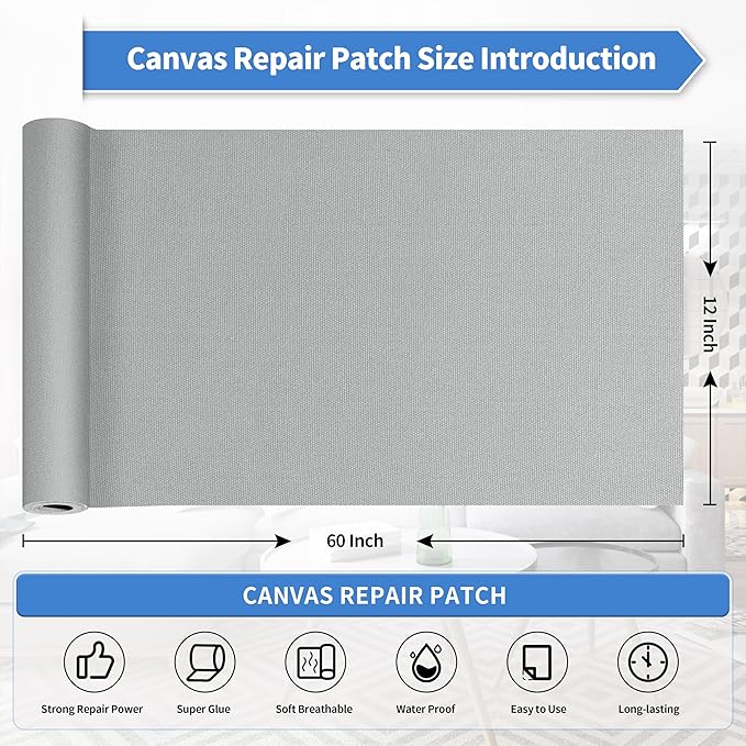 KING MOUNTAIN Canvas Repair Tape,Outdoor Gear Patch, 12×60 Inches,Waterproof,Self-Adhesive for Repairing Boat Covers,Sun Shades,Sofas,Tents,Lounge Chairs,Awnings (Grey2.0)