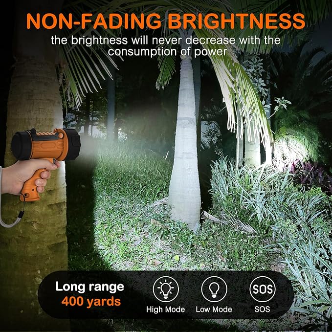 Rechargeable Spotlight Flashlight 200,000 Lumen LED, IP67 Waterproof 12 Hours Long Running Spot Light, Impact Resistant Handheld Spotlight with Detachable Red Lens