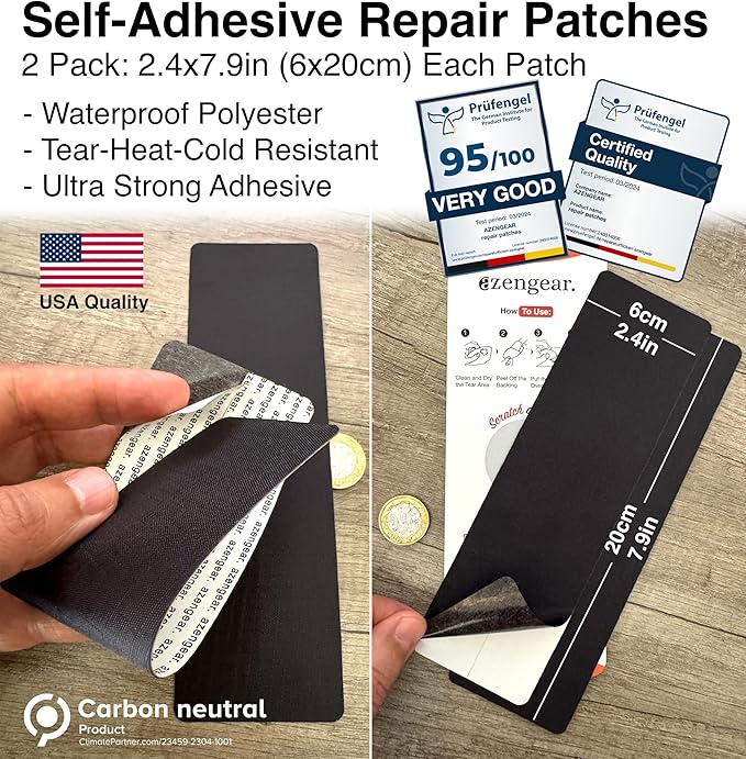 aZengear Repair Patches - Waterproof, Self-Adhesive, Tear-Cold-Heat-Resistant Polyester Fabric to Fix Down Jacket, Puffer, Snowsuit, Shoe, Tent, PVC, Clothing, Upholstery (Black (2 Strips))