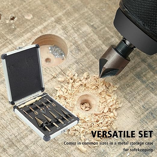 5Pcs Step Drill Bit & 5Pcs Countersink Drill Bit Set, Titanium Coated, 50 Sizes of Step Bit for Metal with Aluminum Case, Multiple Hole Stepped Up Bits for DIY