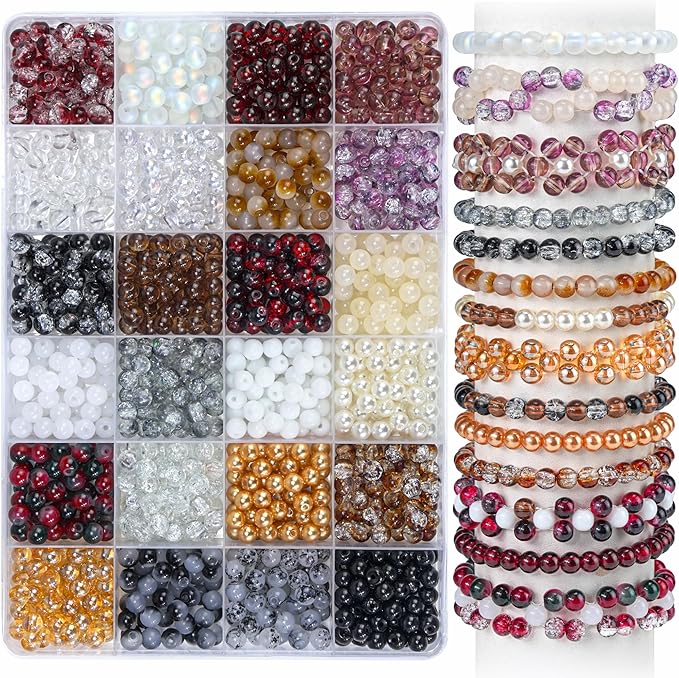 1200PCS 6mm Glass Beads Bracelet Making Kit, 24 Colors Assorted Black and White by Sistenia