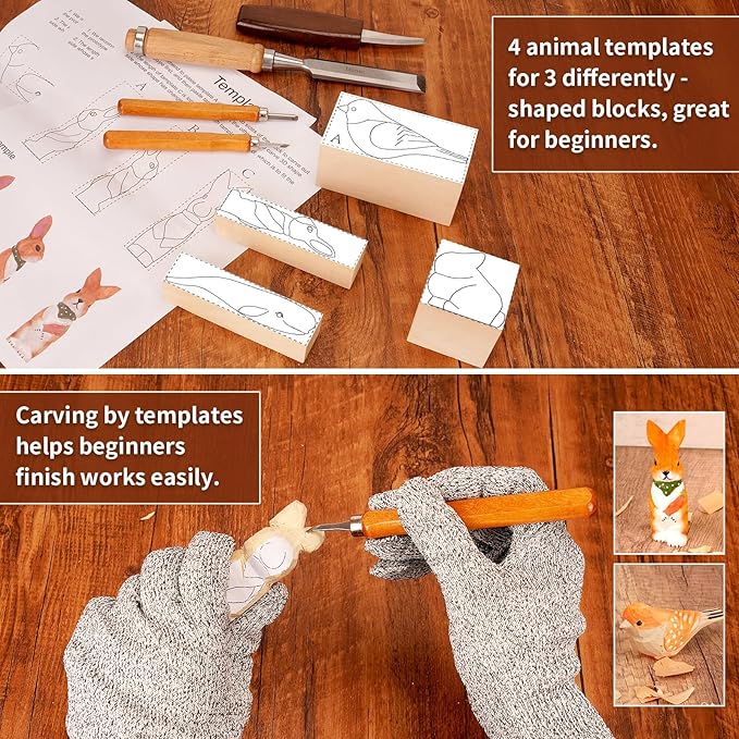 Wood Carving Kit, 50Pcs Wood Carving Tools with 4 Style Templates & 2 Finish Supplies, Wood Whittling Kit with 3 Style Knives & 6pcs Basswood Blocks for DIY and Carving Beginners