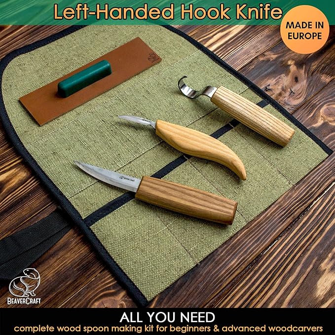BeaverCraft S13L Wood Carving Tools Set for Spoon Carving 3 Knives in Tools Roll Leather Strop and Polishing Compound Hook Sloyd Detail Knife Left-Handed Spoon Carving Knives (S13L Left-Handed)