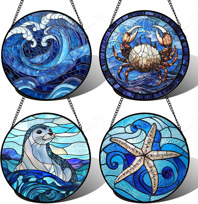 DASTOLL Stained Glass Window Hanging 4 Pcs Set Blue Ocean Waves 9.8" by DASTOLL