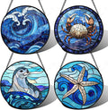 DASTOLL Stained Glass Window Hanging 4 Pcs Set Blue Ocean Waves Large 11.8" by DASTOLL
