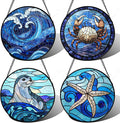 DASTOLL Stained Glass Window Hanging 4 Pcs Set Blue Ocean Waves 7.8" by DASTOLL