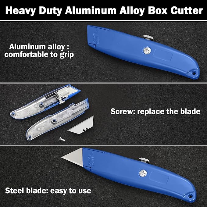 Reginary 30 Pcs Box Cutter Bulk Retractable Blade Utility Knife Heavy Duty Aluminum Alloy Razor Shell Knife for Cartons, Cardboard and Boxes, DIY, Factory, Home(Red, Green, Blue)