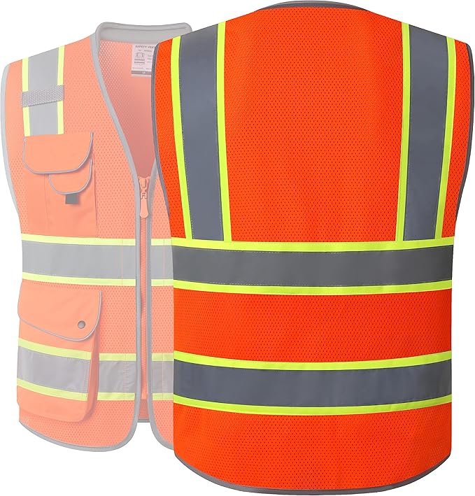 JKSafety 9 Pockets Hi-Vis Safety Vest Breathable Mesh Fabric Cushioned Collar Work Utility PPE Lightweight Industrial Work Gear ANSI/ISEA compliant (101-Orange XXL)
