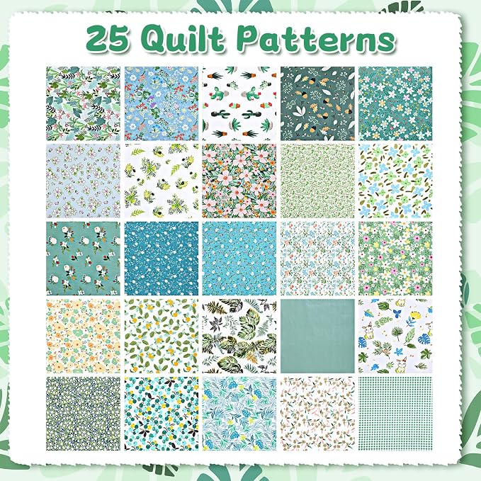 70 Pcs 10 x 10 Inch Green Floral Cotton Fabric Squares, Precut Printed - Image 4