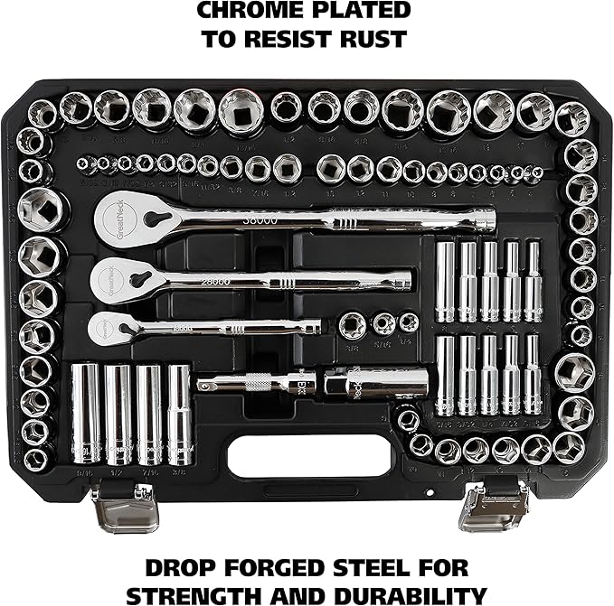 GreatNeck HC82U 82-Piece Mechanic's Tool Set – SAE & Metric, 1/4", 3/8", 1/2" Drive Socket Set, Chrome Vanadium, Posi-Grip No-Slip™, Reversible Ratchets, Storage Case Included