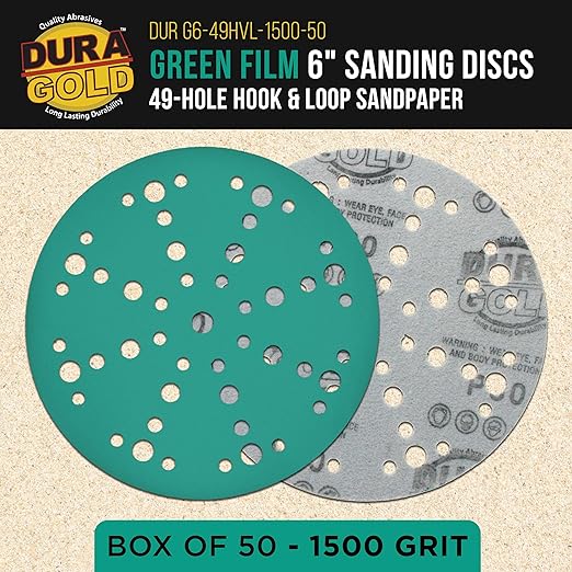 Dura-Gold Premium 1500 Grit 6" Green Film Sanding Discs, 49-Hole Pattern, Box of 50 - Heavy-Duty Dustless Hook & Loop Backing Sandpaper for DA, Random Orbital Sander, Detail Color Sand Auto Paint Wood