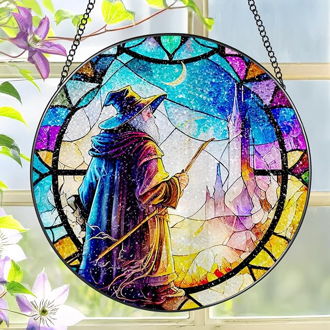 Stained Glass Window Hanging, LAOWEIKI 8'' Witch Suncatcher, Stained Glass by Unknown