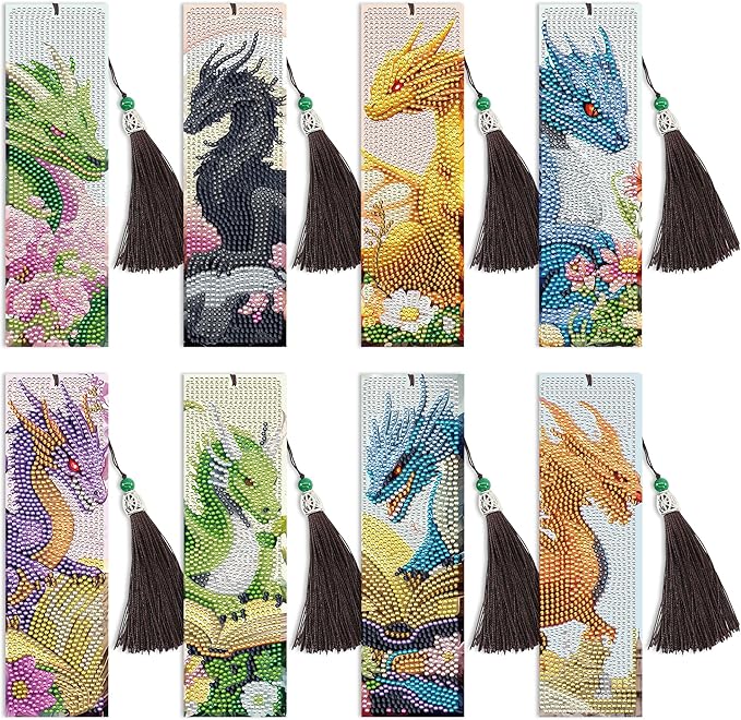 Dragon Diamond Art Bookmarks Kit: 8 Pcs Diamond Painting Bookmark by CRASHOT