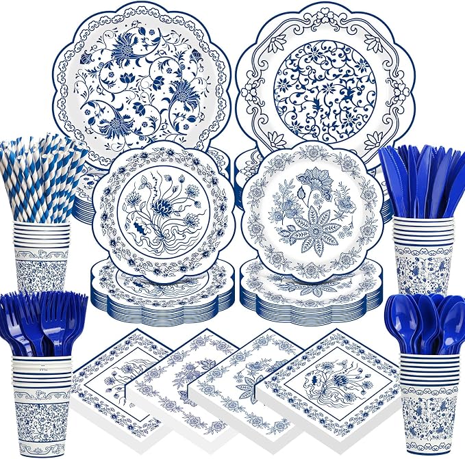 450 Pcs Blue Floral Tableware Set Decorations Blue White Chinoiserie Floral by Unknown