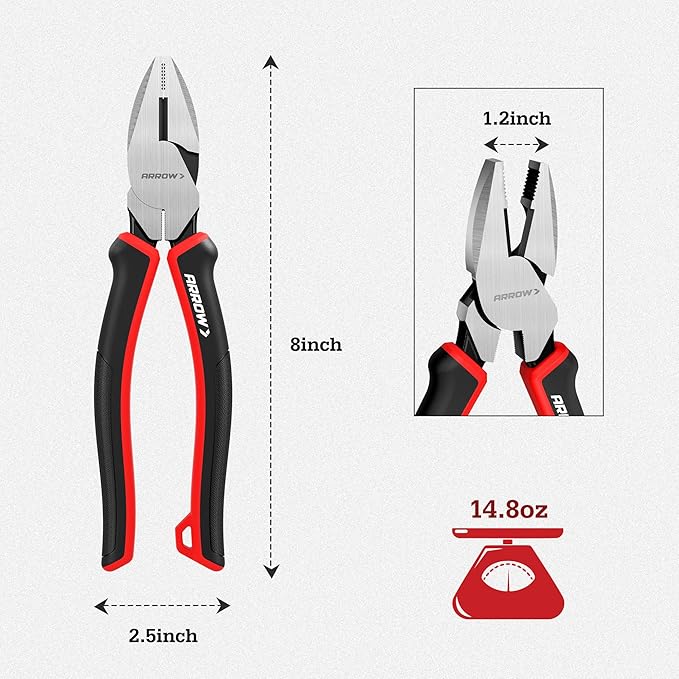ARROW Linesman Pliers, 8-inch High Leverage Diagonal Pliers Tool with Comfortable TPR Handle, High Carbon Steel, Wire Cutter for Electric and Daily Use