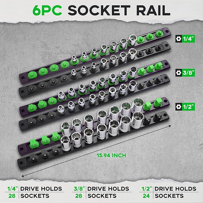 6-Piece Magnetic Socket Organizer, Heavy Duty Aluminum Socket Rails Organizer, 360° Swivel Clips Socket Holder Kit for Tool Box, 1/2, 3/8, 1/4-Inch Socket Holder x 80 Clips (Black&Green)