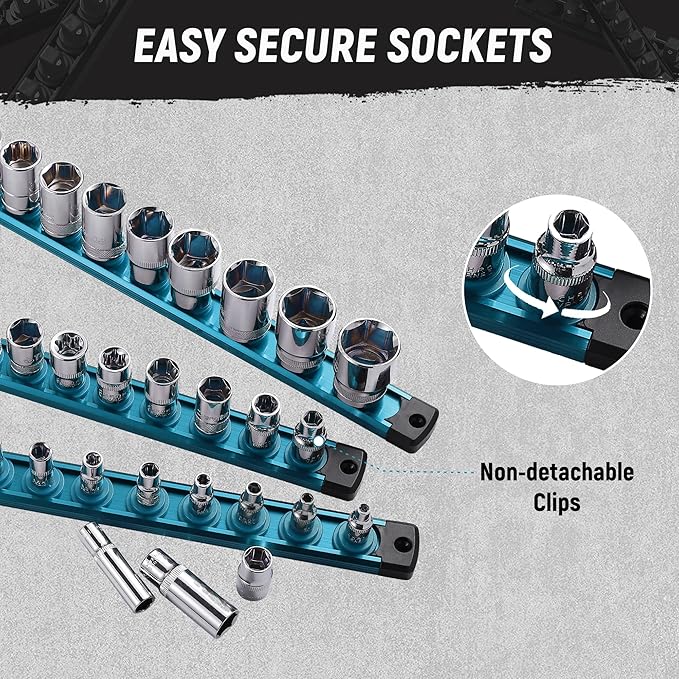 ALOANES Magnetic Socket Organizer Set, 6-Piece Heavy Duty Aluminum Socket Holder Socket Rail Organizer for Tool Box, 360° Swivel Clips Socket Rack 1/4, 3/8, 1/2-Inch x 80 Clips (Aqua Blue)