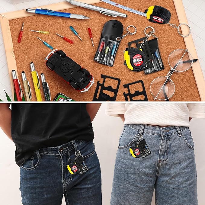 144 Pcs Mini Tape Screwdriver Keychain Set Christmas Men Gifts Bulk Adult Party Favors Multitool Pen Card Tool Measuring Keychains Stocking Christmas Stuffers for Men Dad (Multicolor)
