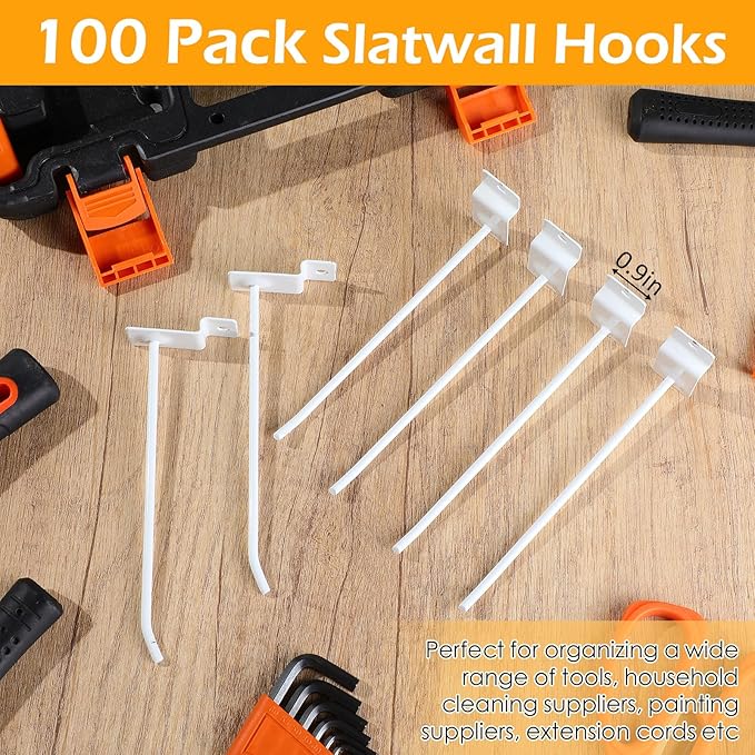 Moxweyeni 100 Pack Slatwall Hooks Slatwall Accessories Slat Wall Hanging Pegboard Hangers Slat Board Display Hooks for Retail Garage Organization Gridwall, White(5.9 Inch)