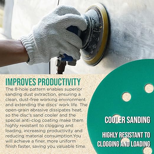 Dura-Gold Premium 1500 Grit 5" Green Film Sanding Discs, 8-Hole Pattern, Box of 50 - Dustless Hook & Loop Backing Sandpaper for DA & Random Orbital Sander, Detail Color Sand Auto Paint Wood Furniture