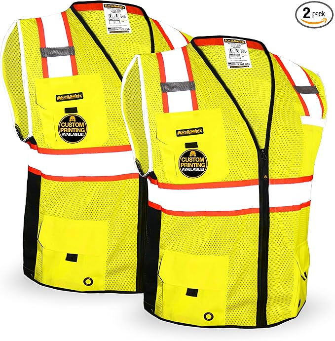 KwikSafety - Charlotte, NC - BIG KAHUNA Safety Vest [2 PACK] Class 2 ANSI OSHA Reflective Vest Durable High Visibility Vest Construction Safety Vest for Men Industrial Work Gear/Yellow Medium