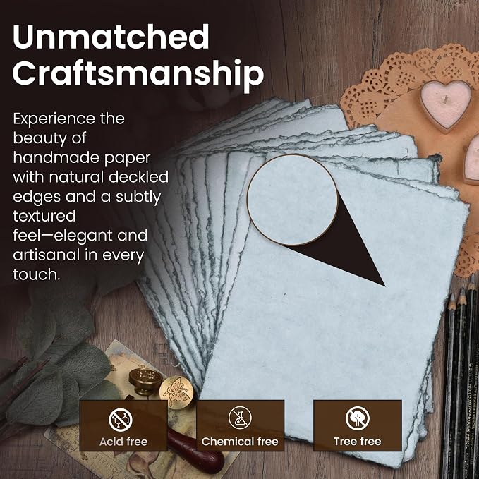 LEATHER VILLAGE Grey Deckled Edge Handmade Watercolor Paper 4x6 | 50 Sheets of - Image 3